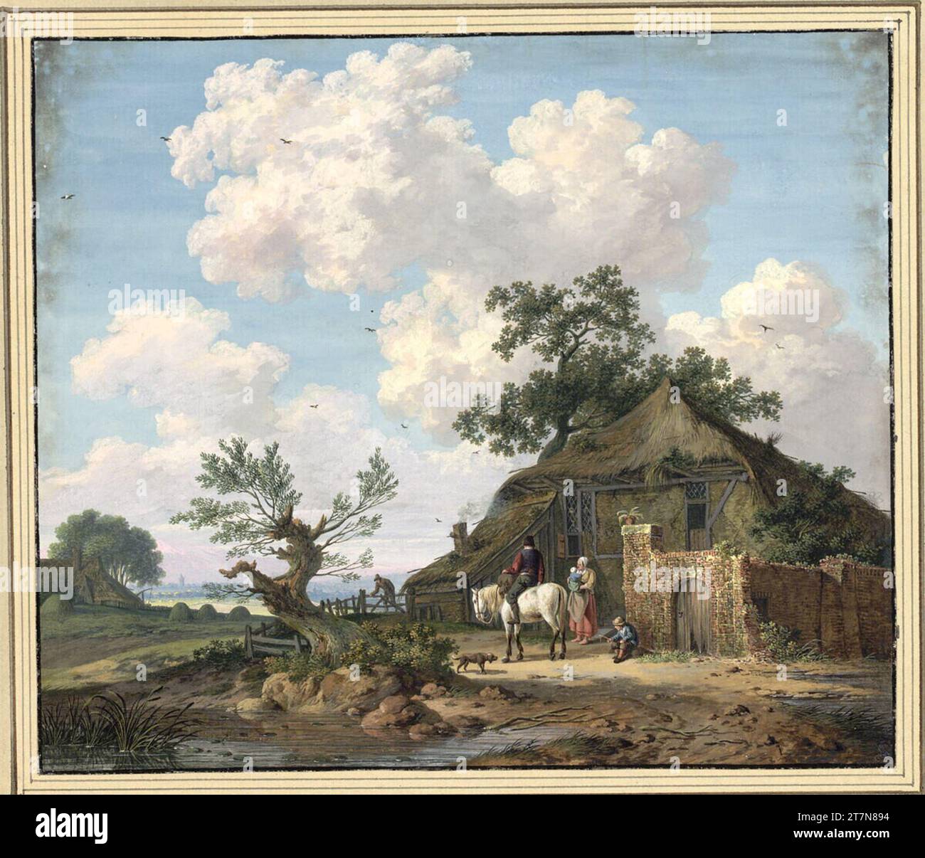 Dirk Jan van der Laen Rider and family in front of a farmhouse. Cover colors, over black chalk. Brownishly dirty on the side edges. Stock Photo