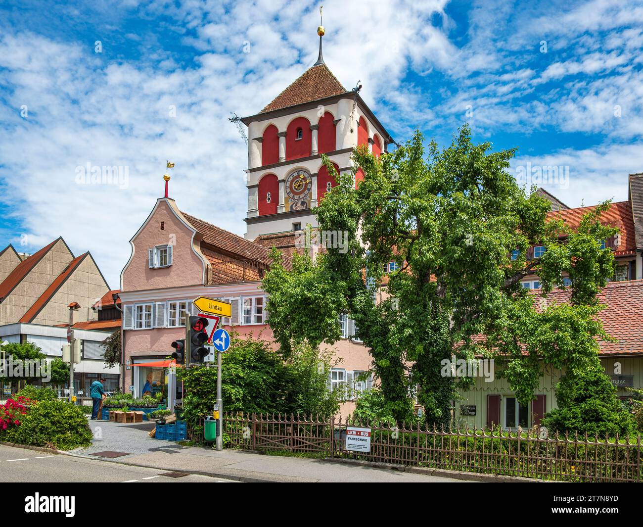 Urban structures outside the Old Town and Martin's Tower in the Old Town in the background, Wangen im Allgäu, Upper Swabia, Baden-Württemberg, Germany Stock Photo
