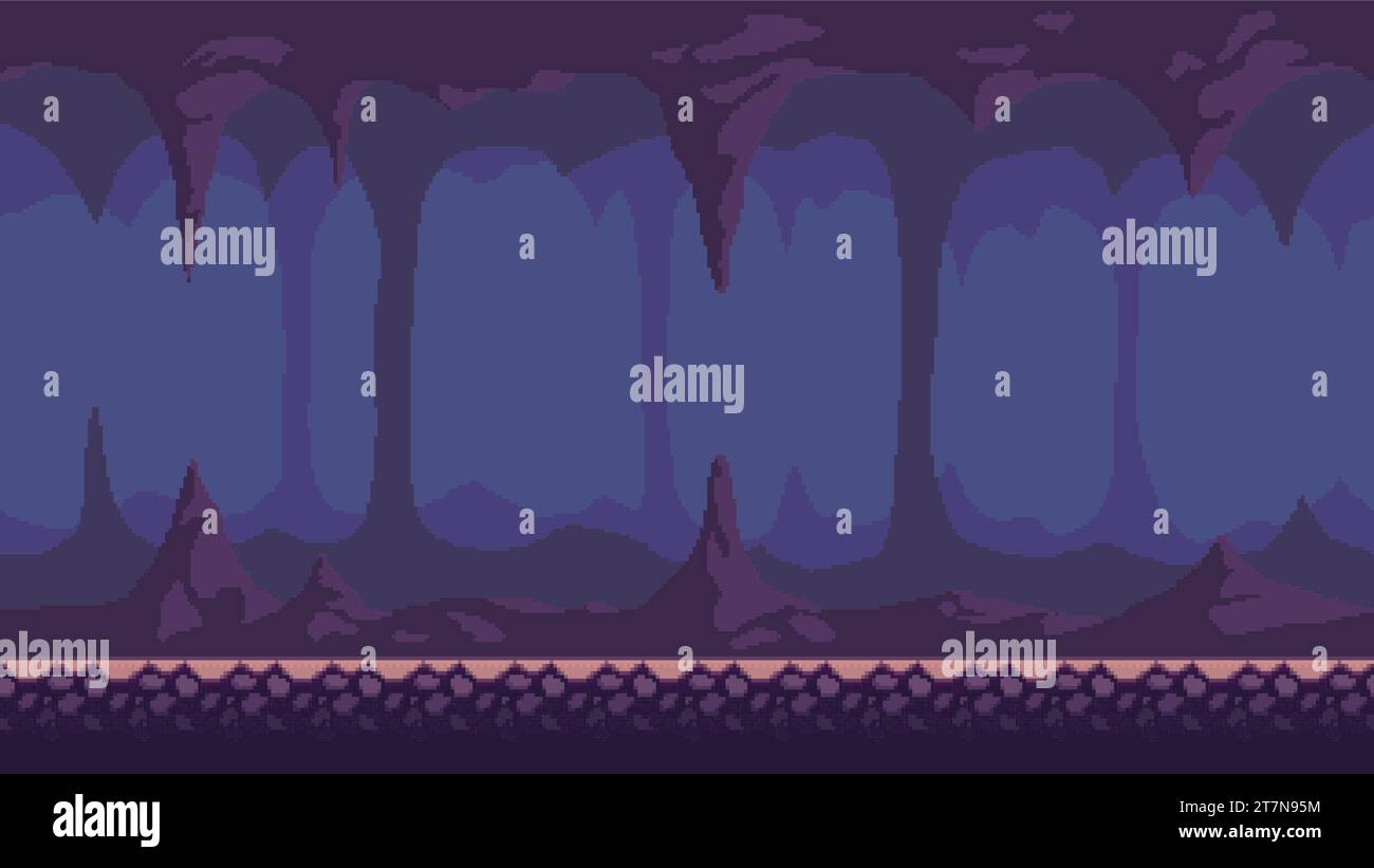 Pixel art game background, underground cave with stalactites and stalagmites. Vector 8-bit retro video game seamless cavern background Stock Vector