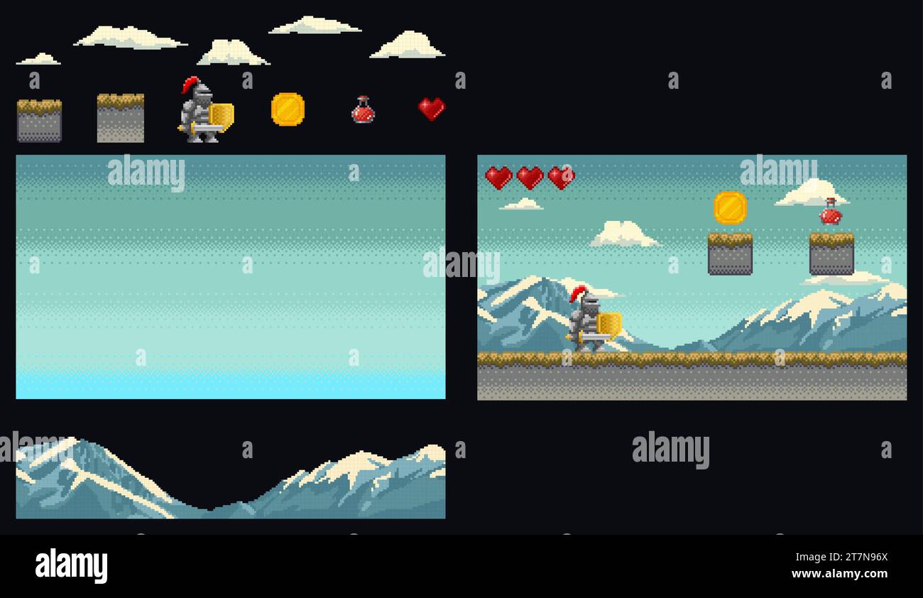 Platform medieval game pixel art graphics kit. Knight in armor holding
