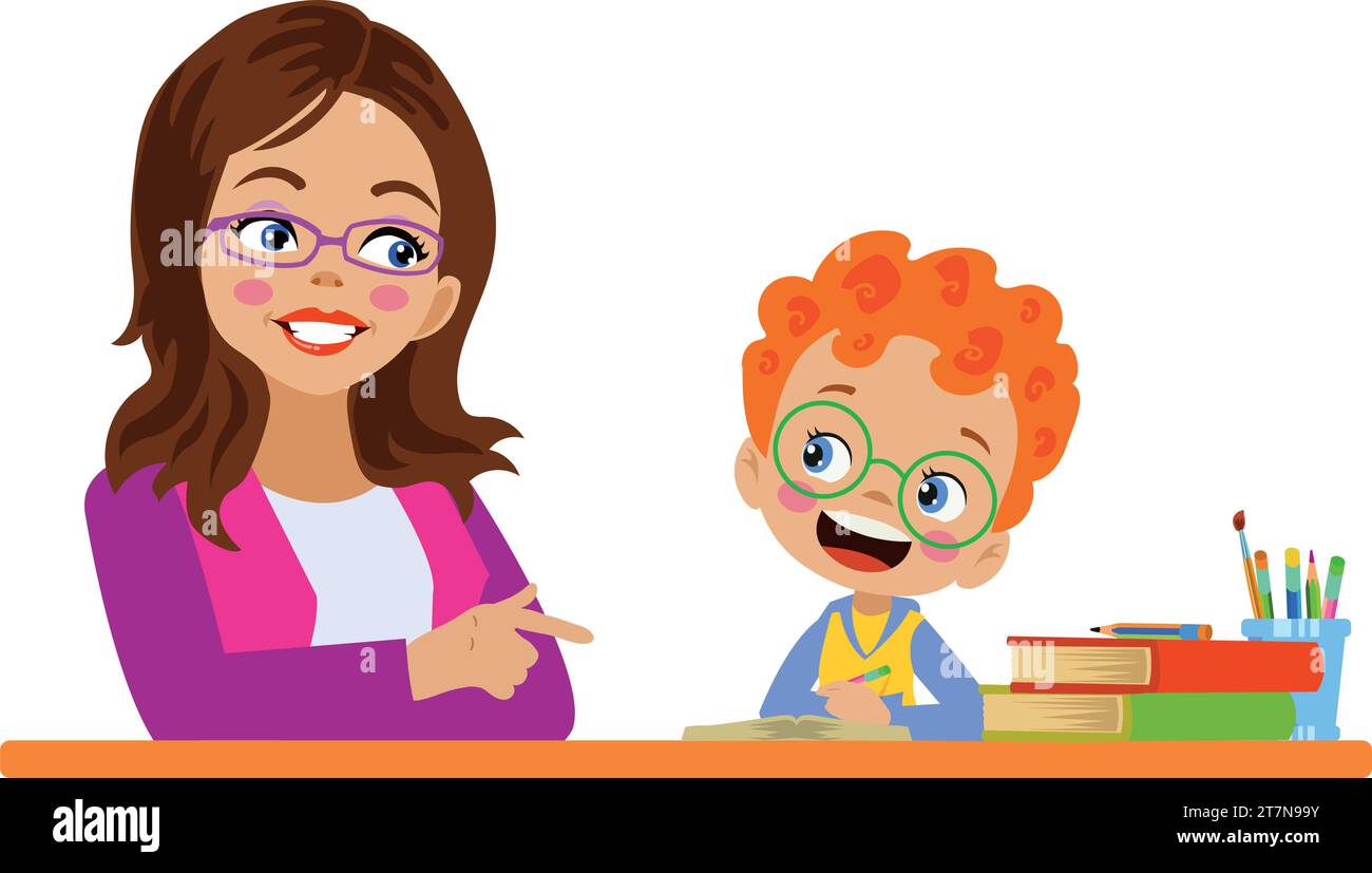cute girl and mother working with his computer at the table Stock Vector