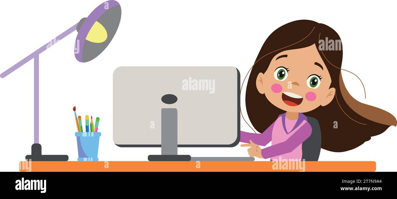 cute girl working with his computer at the table Stock Vector