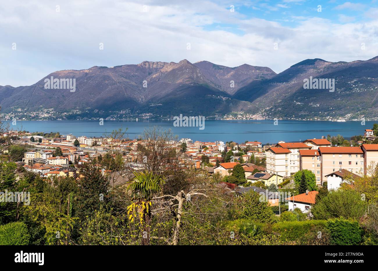 Panorama with a view of the city Luino on Lake Maggiore, province of Varese, Lombardy, Italy Stock Photo