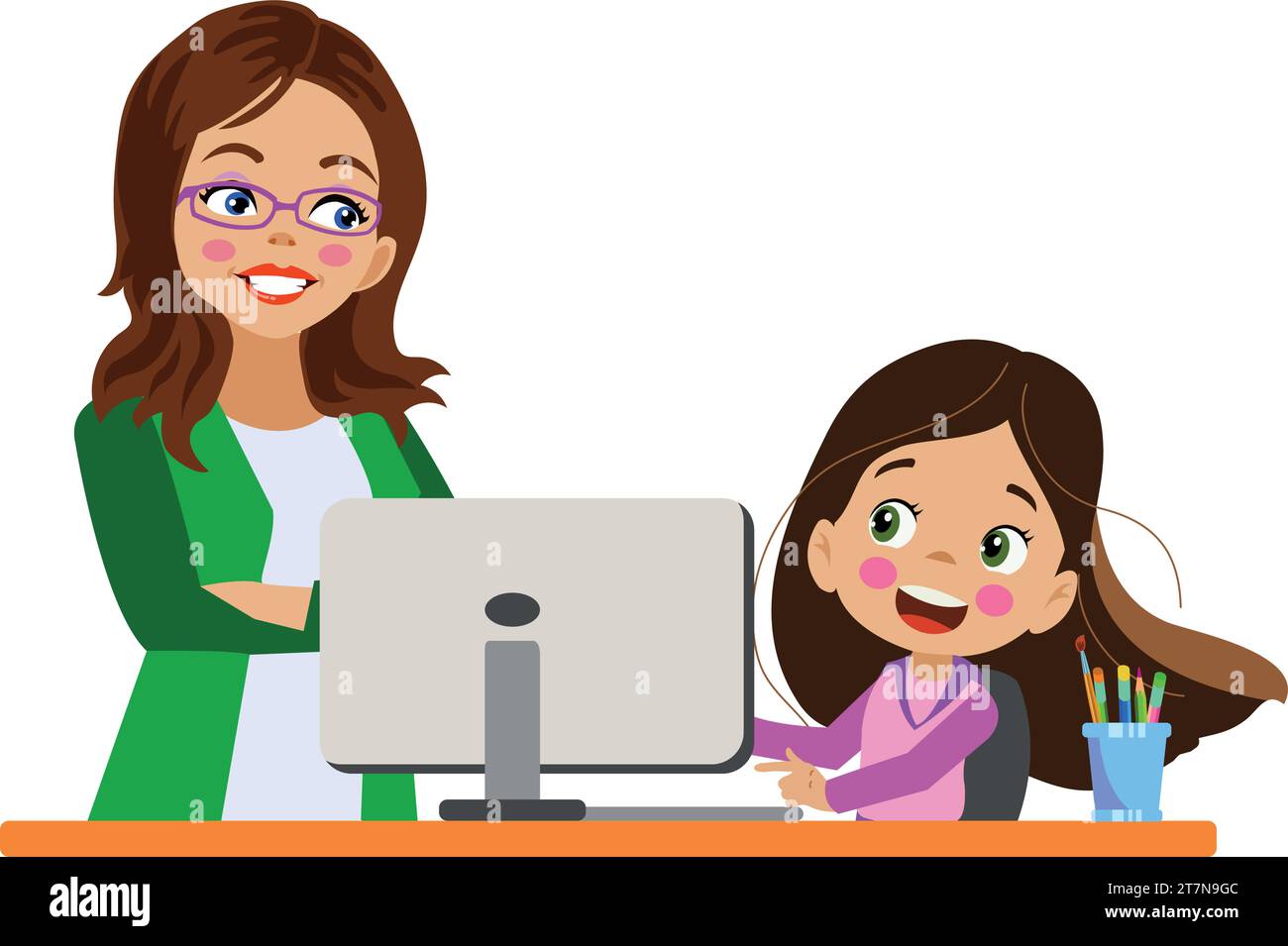 cute girl working with his computer at the table Stock Vector