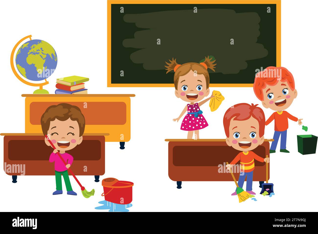 students cleaning up school classrooms Stock Vector