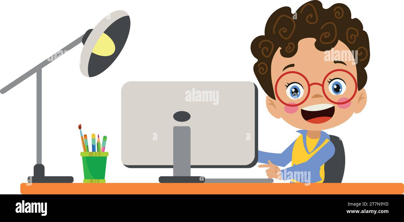 cute boy working with his computer at the table Stock Vector