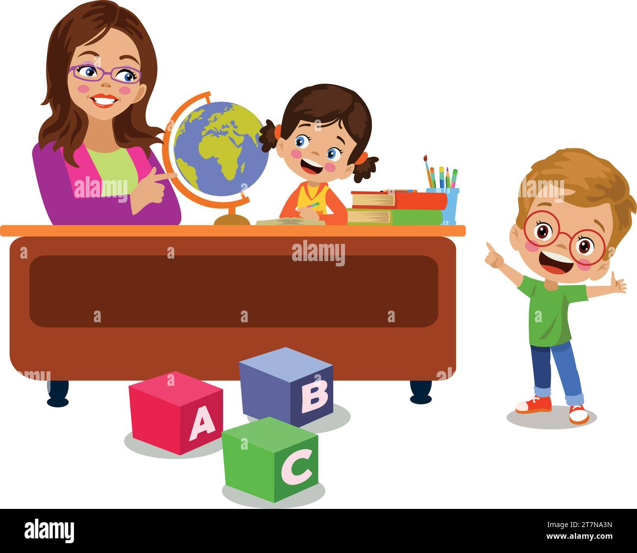 cute girl and mother working with his computer at the table Stock Vector