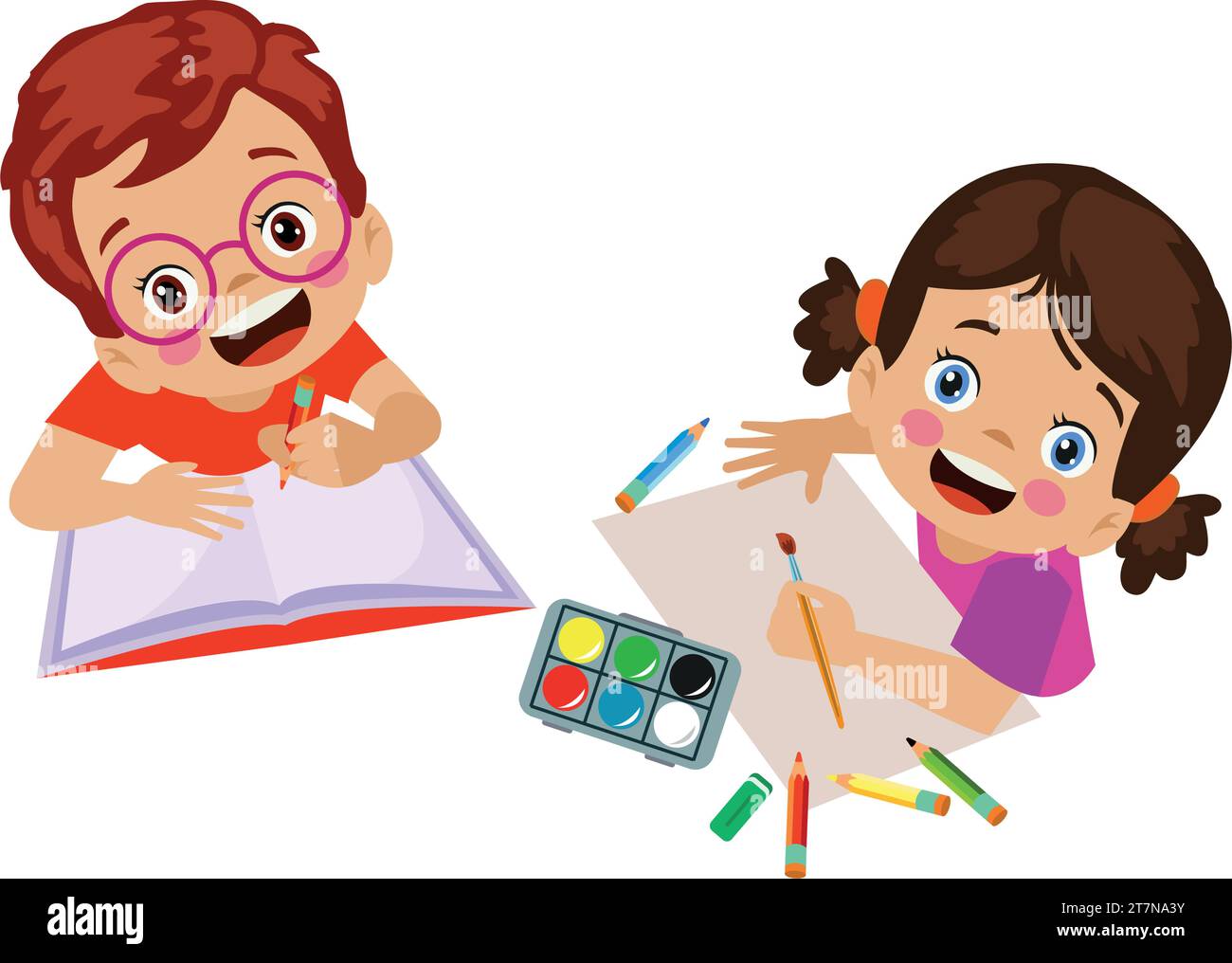 cute painter boy and girl squeezing oil paint Stock Vector Image & Art ...
