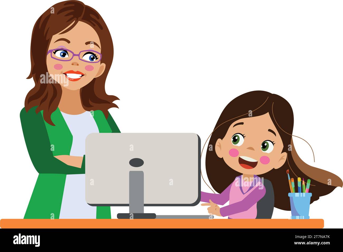 cute girl and mother working with his computer at the table Stock Vector