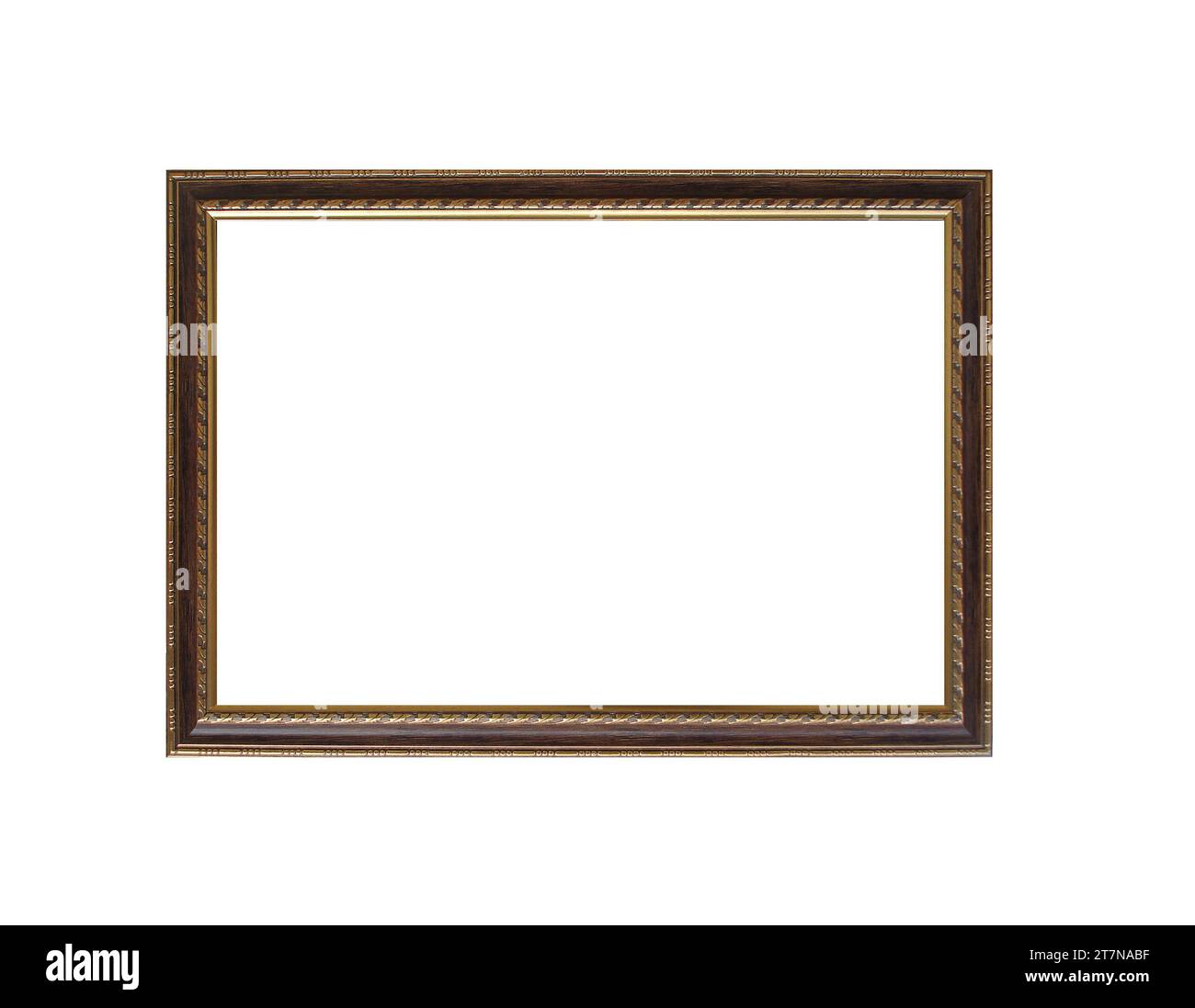 Old horizontal long narrow wooden picture frame isolated on white