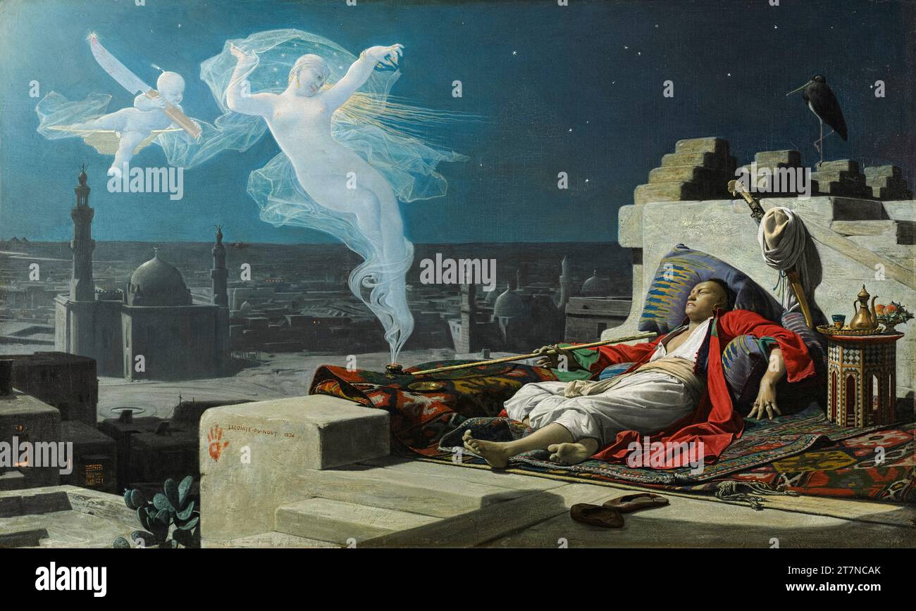 A Eunuch's Dream by French artist Jean Lecomte du Nouÿ (1842-1923) painted in 1874 showing a eunuch having an opium induced dream spoiled only by the knife wielding cherub reminding him that he lacks the parts required to fulfil his fantasy. Stock Photo