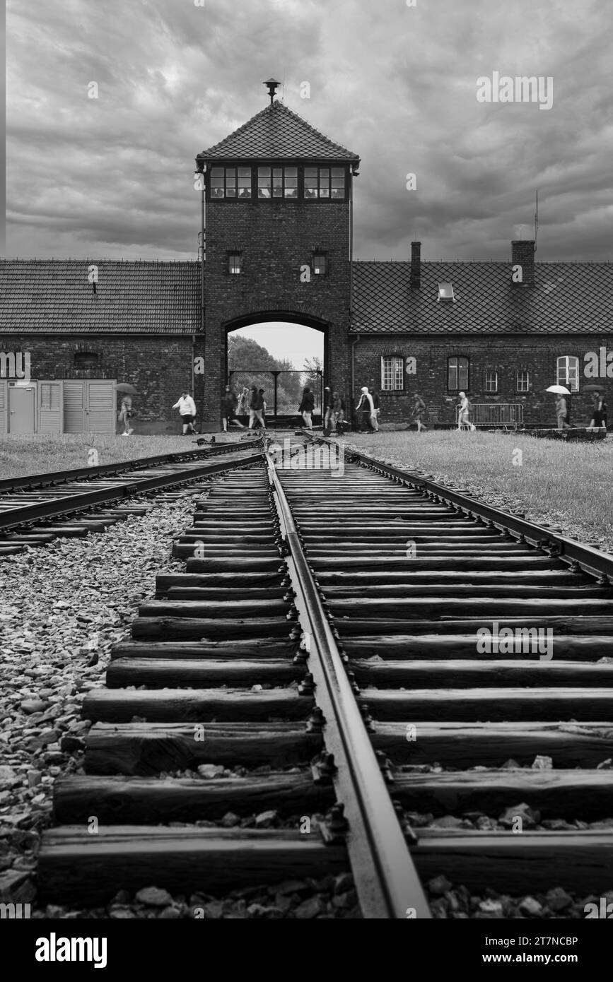 Brzezinka, Poland - July 17, 2023: The entrance of the notorious Auschwitz II-Birkenau former Nazi extermination camp and now a museum Stock Photo