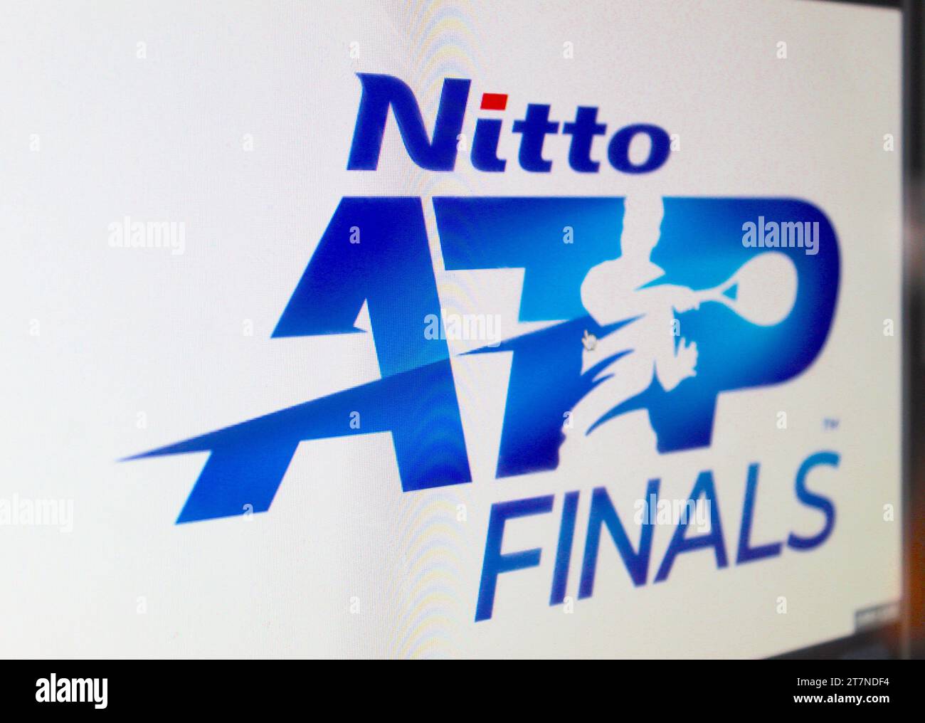 A photo of the tennis ATP Finals logo on a computer screen. Stock Photo