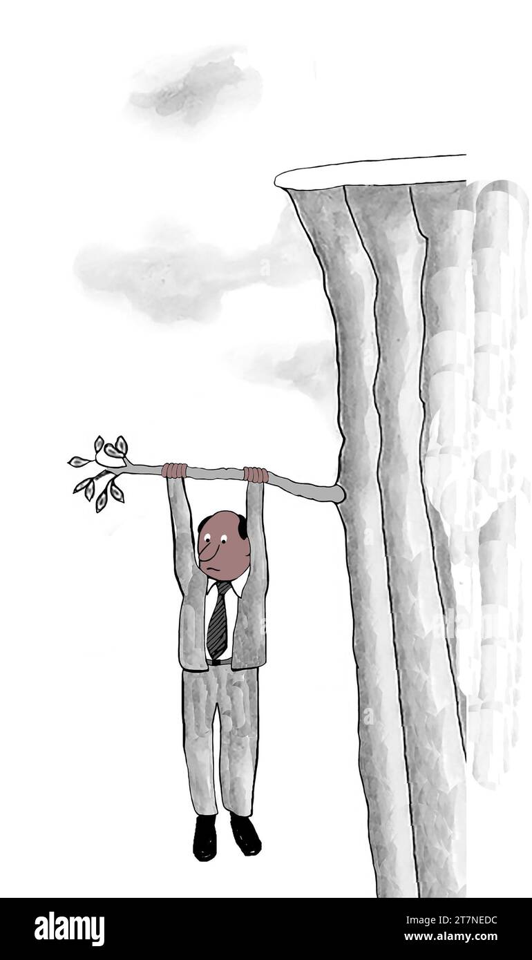 An African American male executive is barely holding on to the  limb. Stock Photo