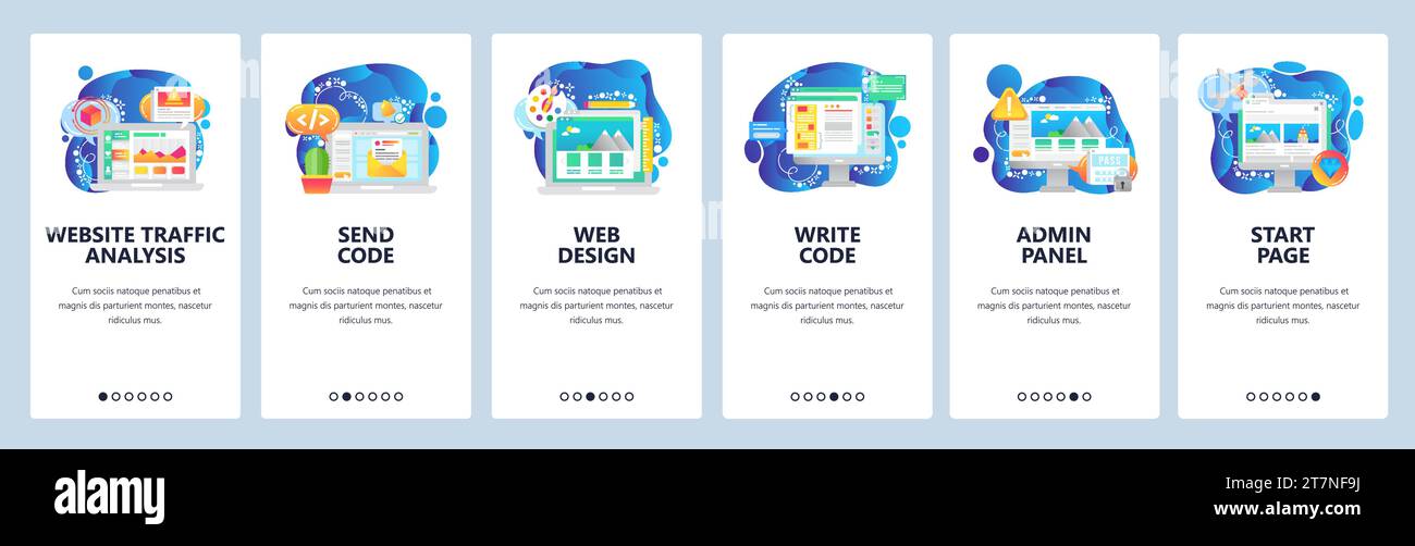 Mobile app onboarding screens. Business analytics, coding, admin panel, dashboard. Menu vector banner template for website and mobile development. Web Stock Vector