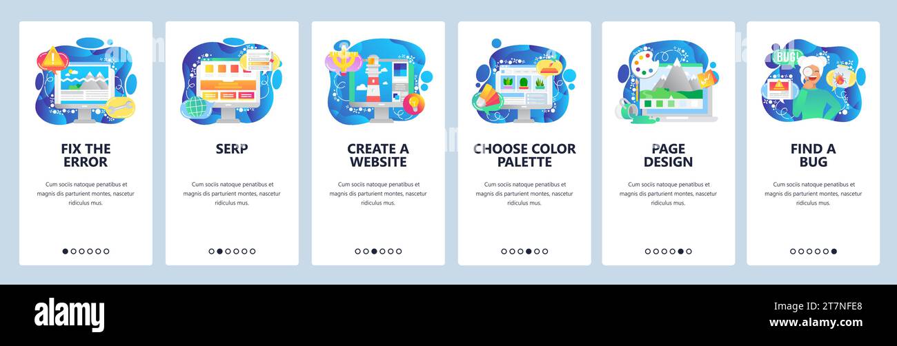 Mobile app onboarding screens. Software development, computer bug, female engineer. Menu vector banner template for website and mobile development. We Stock Vector