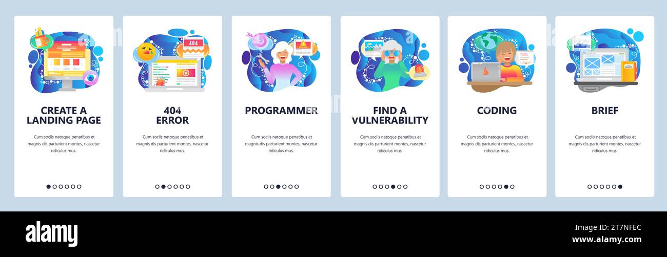 Mobile app onboarding screens. 404 error message, female software engineer, coding. Menu vector banner template for website and mobile development. We Stock Vector