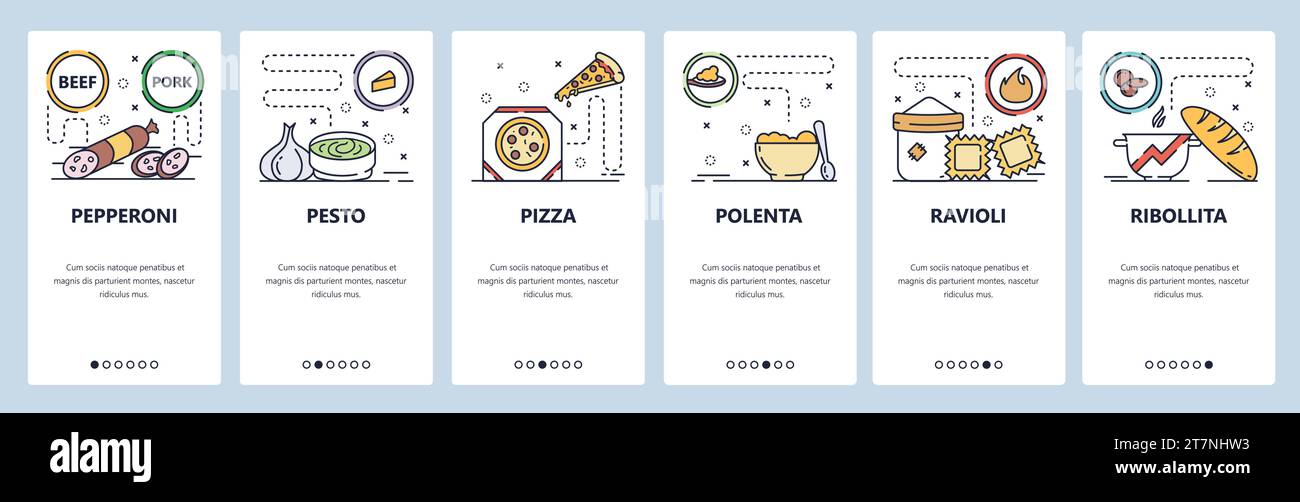 Mobile app onboarding screens. Italian food, salami, pesto sauce, pizza and raviolli. Menu vector banner template for website and mobile development. Stock Vector