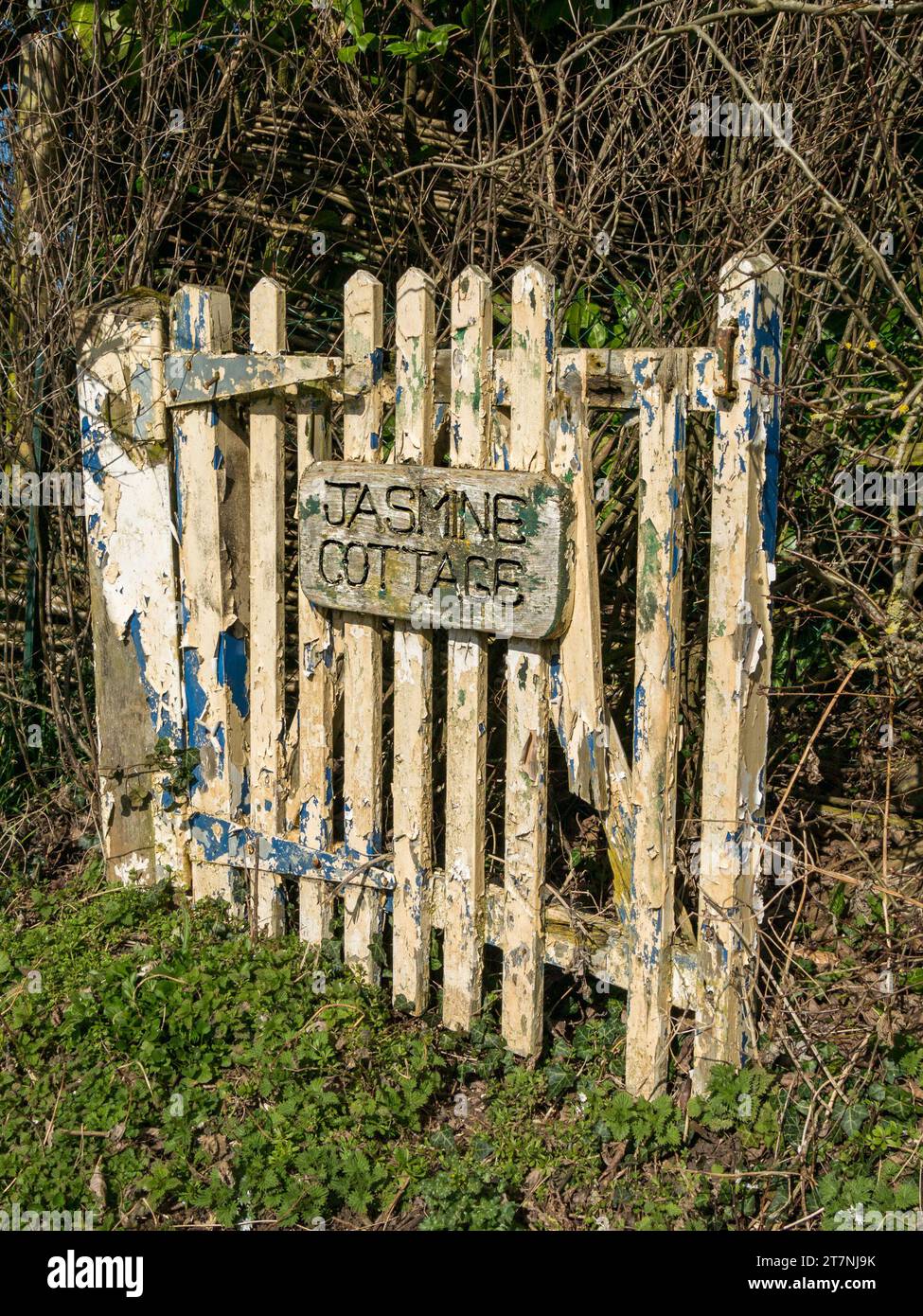 Old distressed wooden garden gate for 'Jasmine Cottage' with peeling paint and rotting timber, Wyfordby, Leicestershire, England, UK Stock Photo
