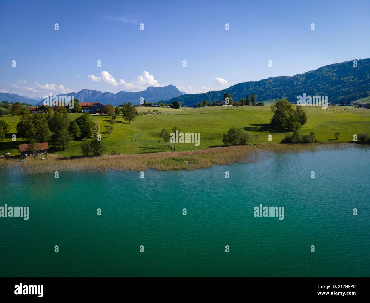 Aerial shot over the local recreation area at the Irrsee in Austria Stock Photo