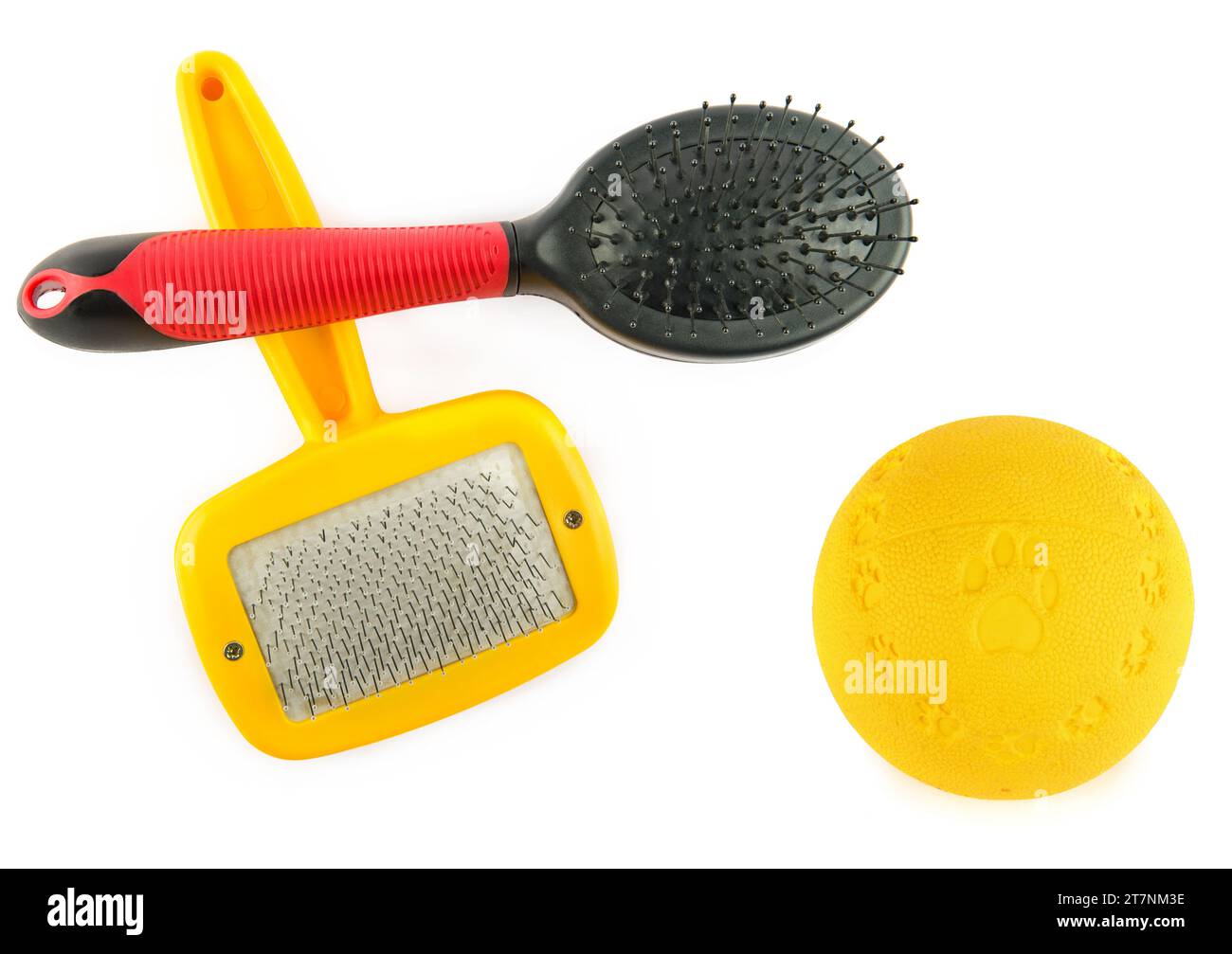 Dog combs and dog ball isolated on white background. Collage Stock