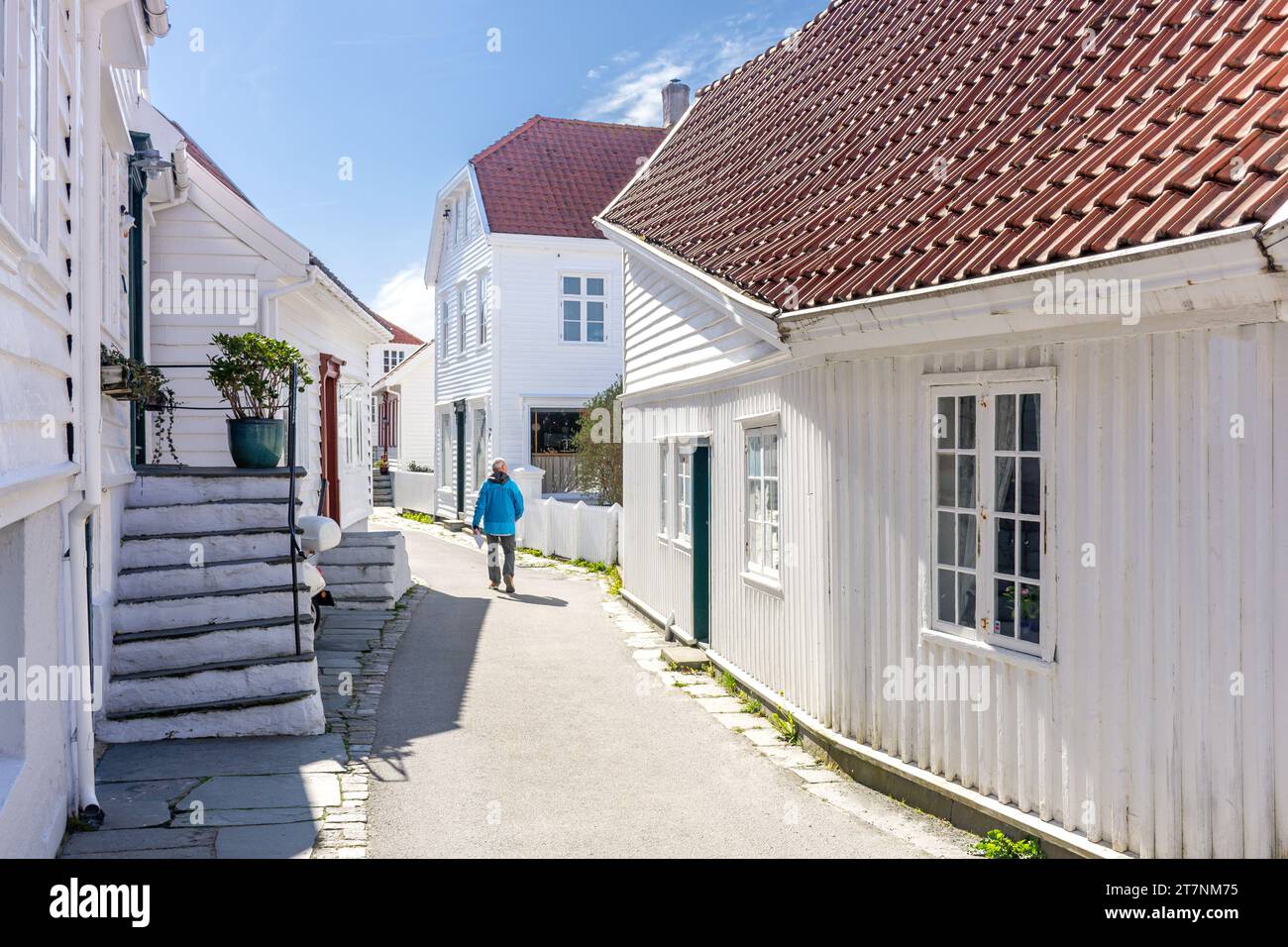 Traditional wooden, white houses, Søragadå, Skudeneshavn, Island of Karmøy, Rogaland County, Norway Stock Photo
