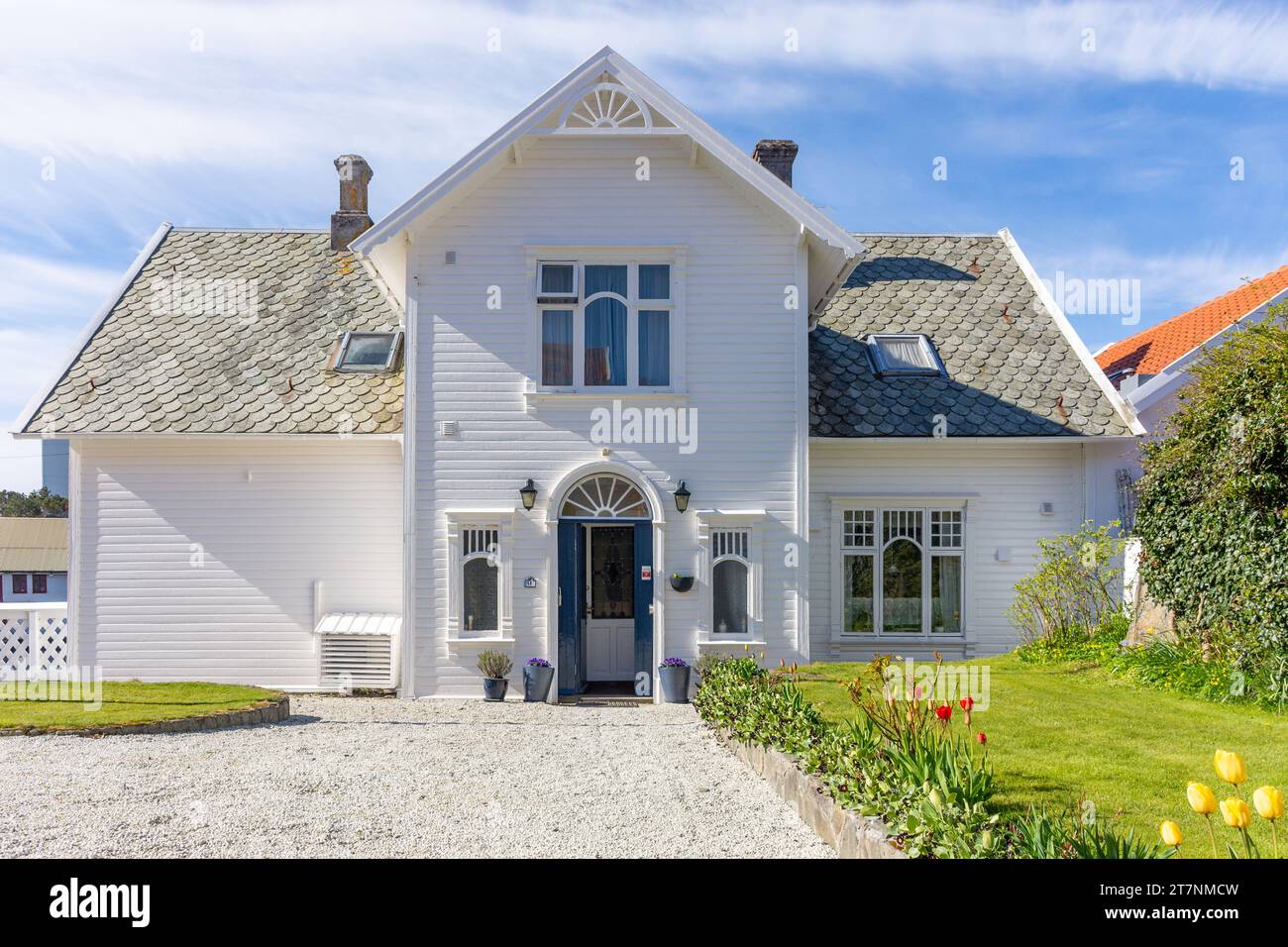 Traditional wooden, white house, Søragadå, Skudeneshavn, Island of Karmøy, Rogaland County, Norway Stock Photo