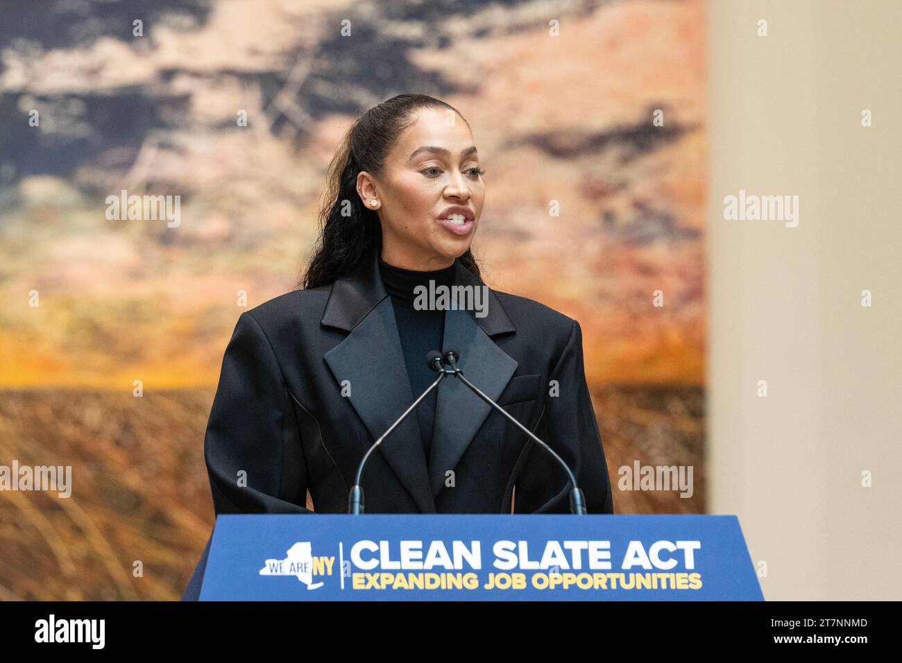 La La Anthony speaks during Governor Kathy Hochul signing the Clean