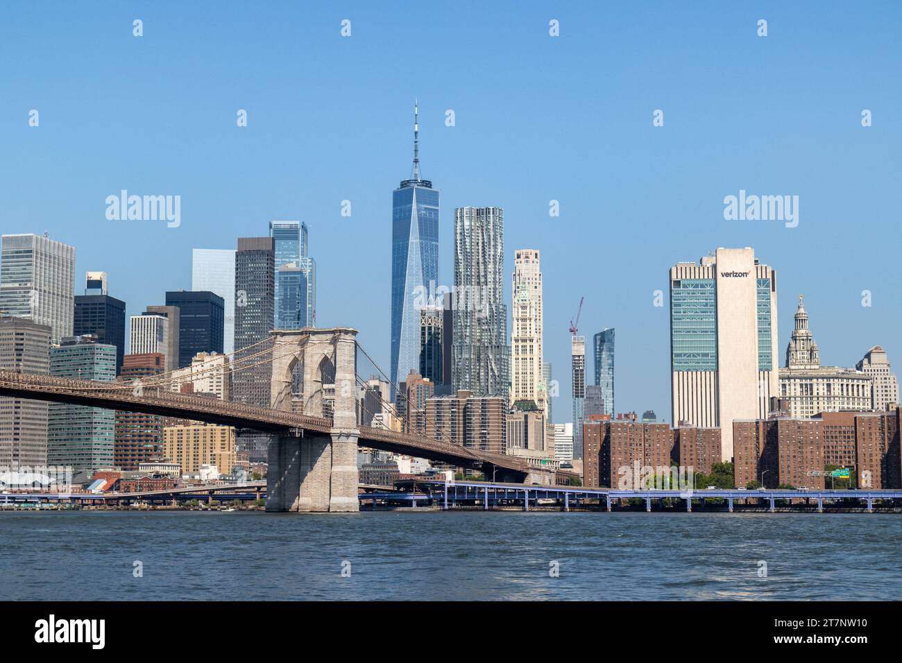 The New York skyline lookout point view in the Brooklyn Bridge Park in