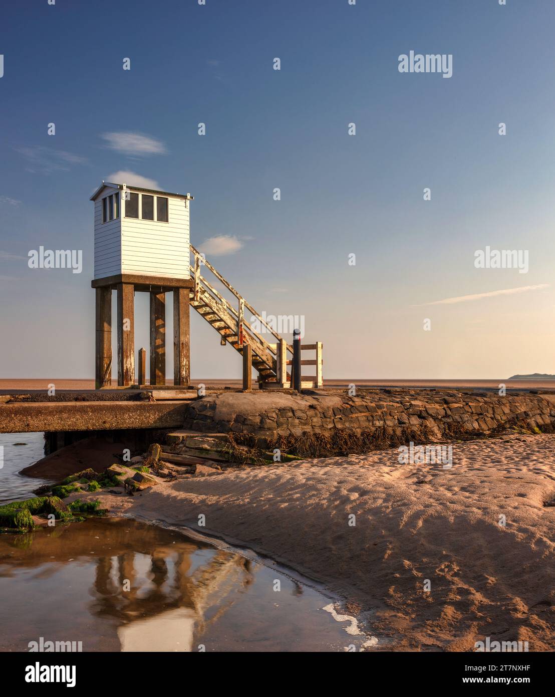 Daytime view in summer of the refuge hut on the causeway on Lindisfarne, Northumberland, England, United Kingdom Stock Photo