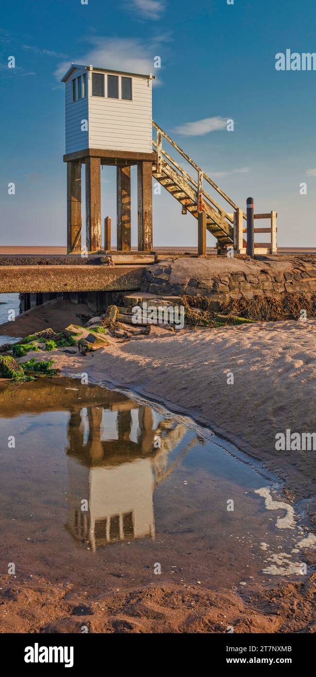 Daytime view in summer of the refuge hut on the causeway on Lindisfarne, Northumberland, England, United Kingdom Stock Photo