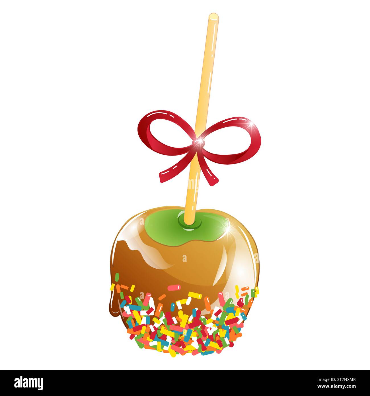 Vector illustration of apple on a stick in toffee caramel and sweet sprinkles in cartoon style Stock Vector