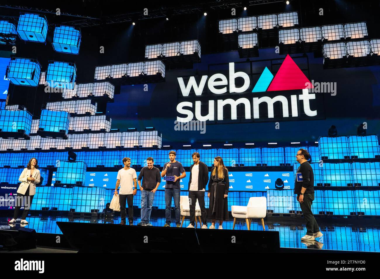 Lisbon, Portugal. 16th Nov, 2023. Henrique Prado Ferreira (M) Cauê Rodrigues Amaral (LL) Rafael Grimaldi (R) Ricardo Verhaeg (L) Carolina Grimaldi (RR) presented with the pitch winner for the Web Summit 2023 live on Centre Stage during the day four of Web Summit 2023 at the Altice Arena in Lisbon. Credit: SOPA Images Limited/Alamy Live News Stock Photo