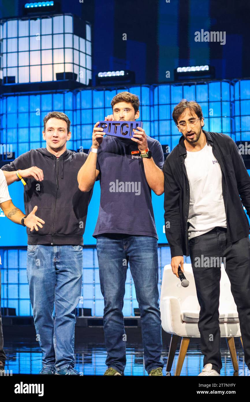 Lisbon, Portugal. 16th Nov, 2023. Henrique Prado Ferreira (M) and Rafael Grimaldi (R) and Ricardo Verhaeg (L) presented with the pitch winner for the Web Summit 2023 live on Centre Stage during the day four of Web Summit 2023 at the Altice Arena in Lisbon. Credit: SOPA Images Limited/Alamy Live News Stock Photo