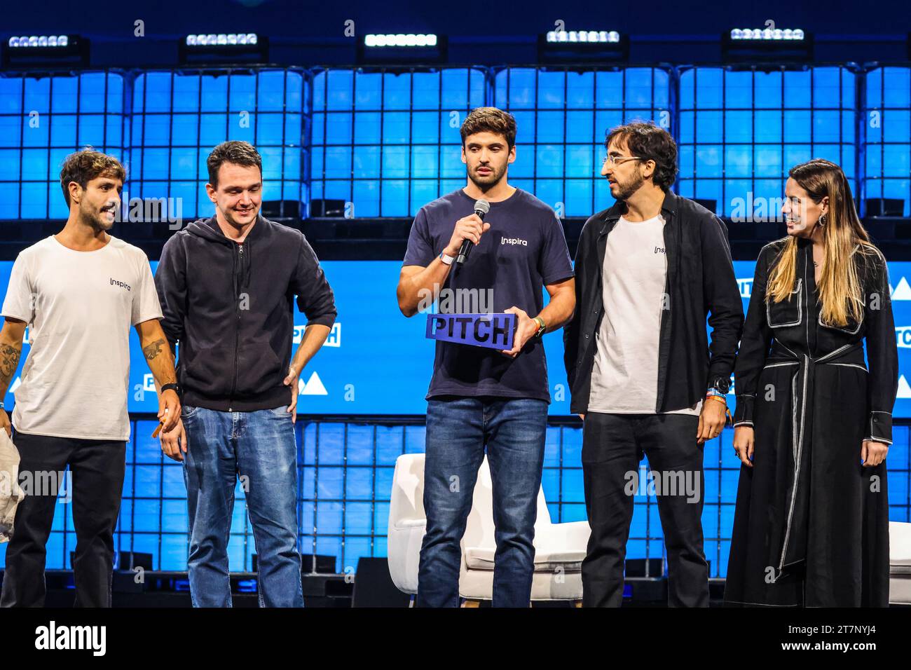 Lisbon, Portugal. 16th Nov, 2023. Henrique Prado Ferreira (M) Cauê Rodrigues Amaral (LL) Rafael Grimaldi (R) Ricardo Verhaeg (L) Carolina Grimaldi (RR) presented with the pitch winner for the Web Summit 2023 live on Centre Stage during the day four of Web Summit 2023 at the Altice Arena in Lisbon. (Photo by Miguel Reis/SOPA Images/Sipa USA) Credit: Sipa USA/Alamy Live News Stock Photo