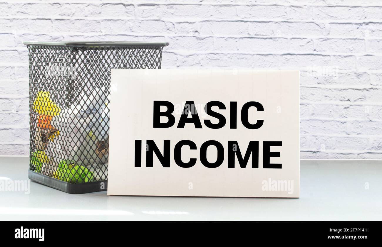 clipboard with white blank paper text BASIC INCOME , keyboard ...