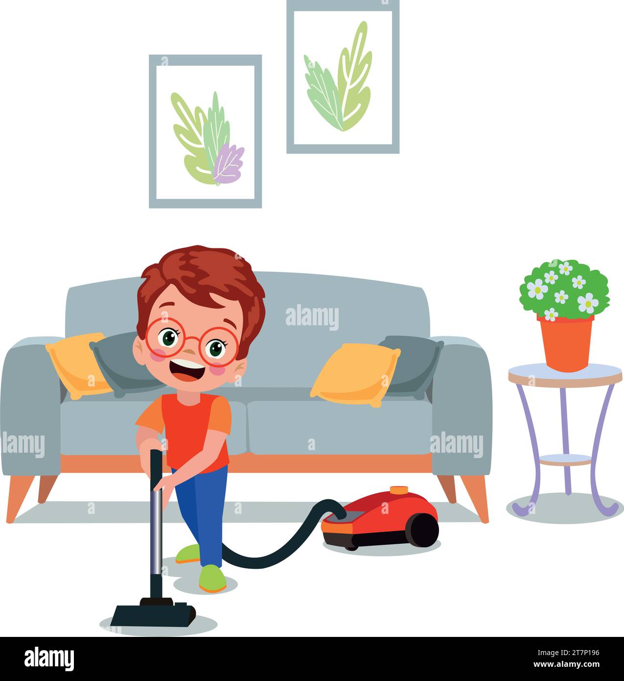 cute boy sweeping house with vacuum cleaner Stock Vector