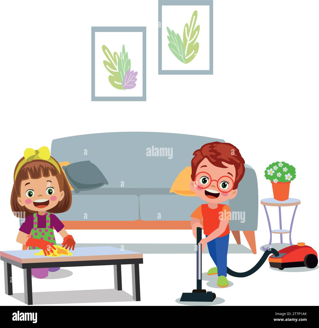 cute boy sweeping house with vacuum cleaner Stock Vector Image & Art ...