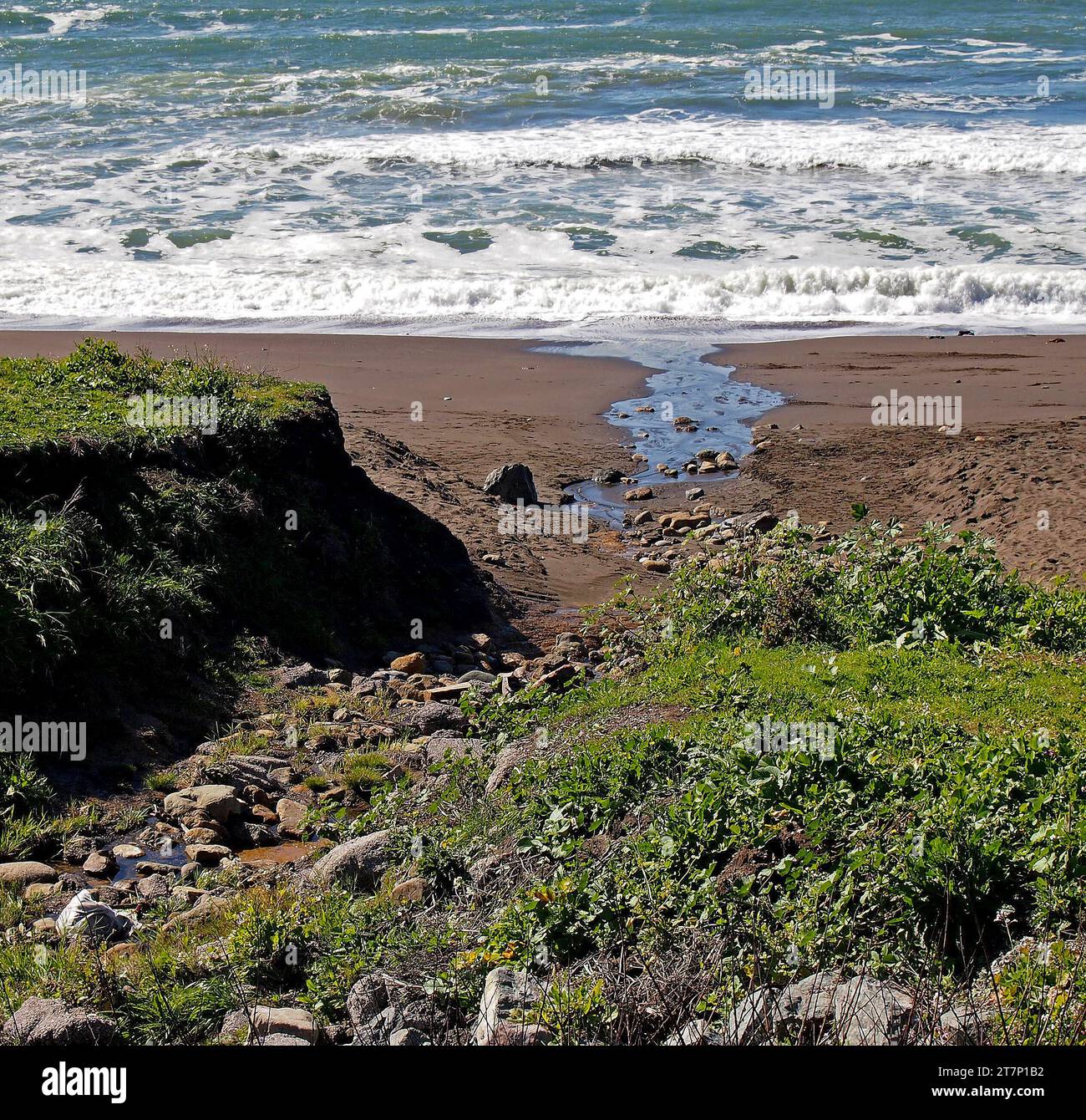 small freshwater stream flows into the Pacific Ocean in Pacifica, California Stock Photo