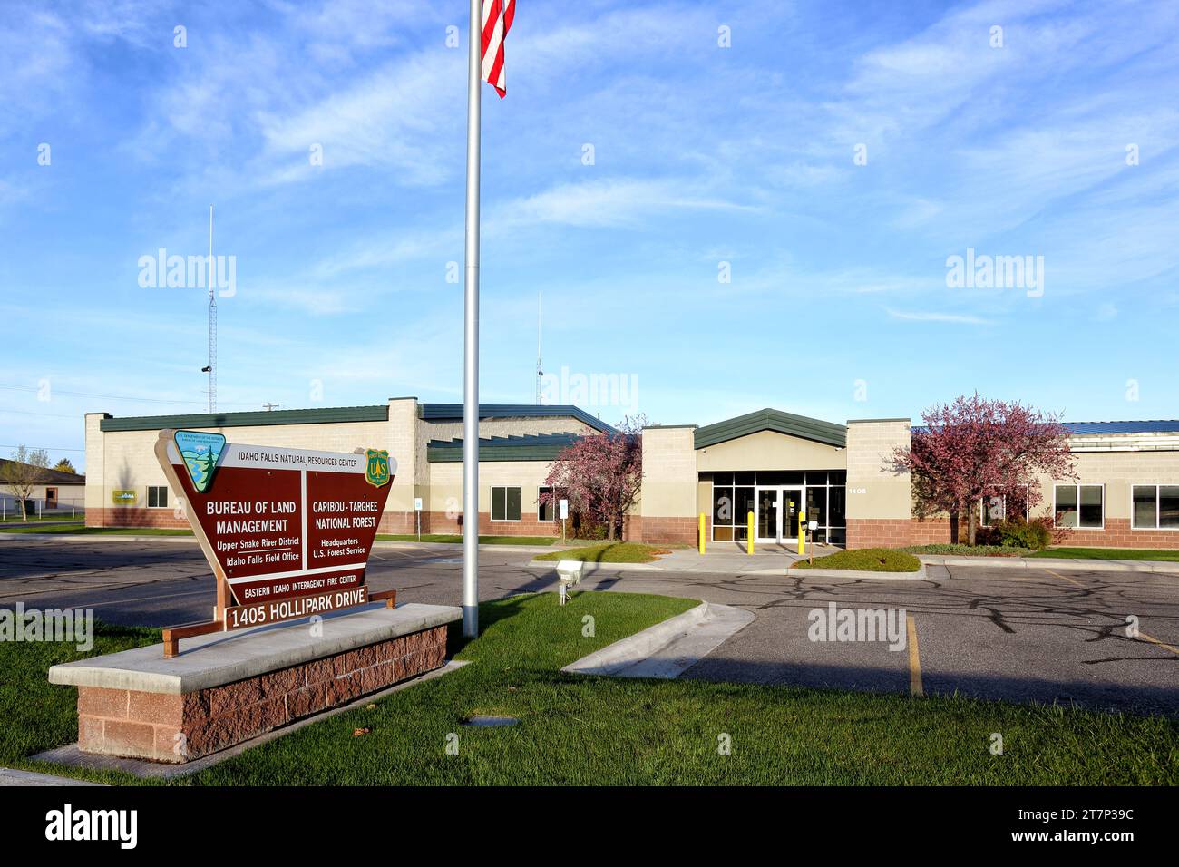 A Bureau of Land Management office building, against a blue sky in Idaho Falls, Idaho. Stock Photo