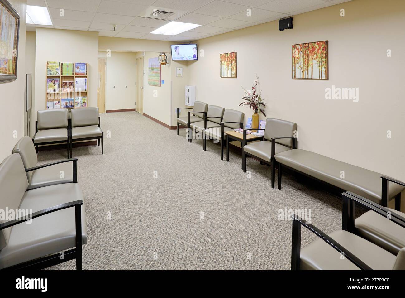 The waiting area of a modern doctors office, decorated in calm soothing earth tones. Stock Photo