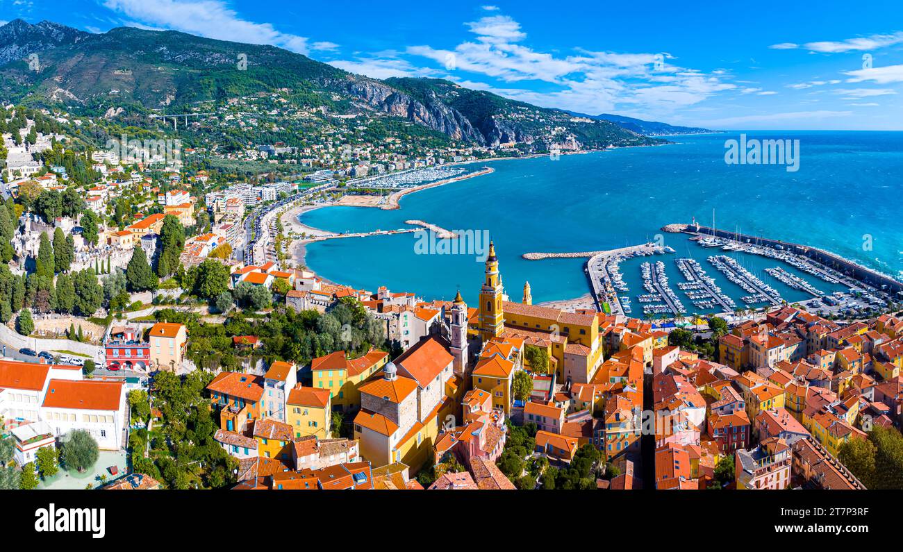 View of Menton, a town on the French Riviera in southeast France known