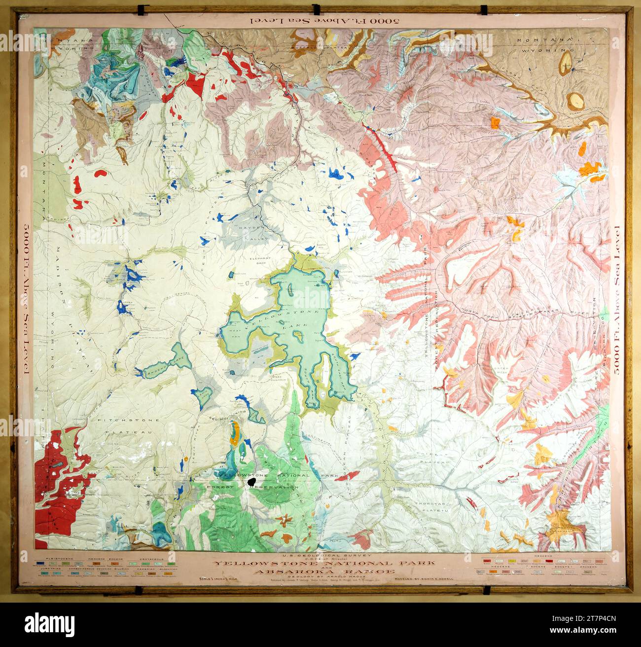 A 7 ft. square relief map by Edwin E. Howell in the Yellowstone Justice Center in Mammoth, Wyoming,  A historic 1897 geologic relief model of the Yell Stock Photo