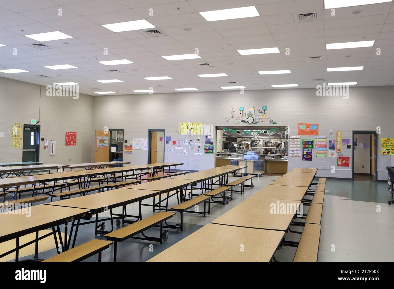 The lunch room in an elementary school. Stock Photo
