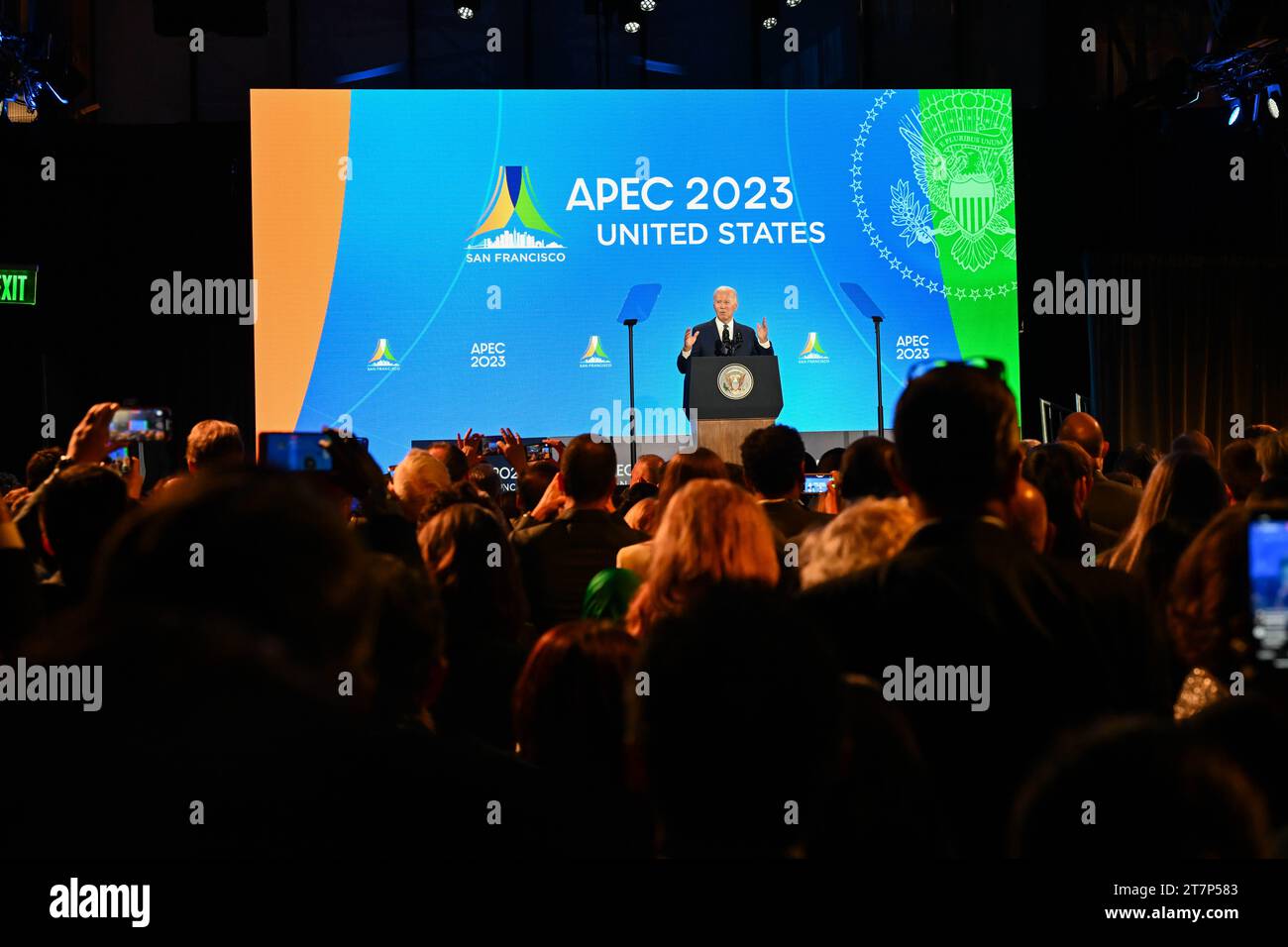 San Francisco, California, USA. 15th Nov, 2023. President of the United States JOE BIDEN during the APEC Leaders Welcome Reception at the Asia-Pacific Economic Cooperation Economic Leaders Week (AELW) at the Exploratorium in San Francisco, California on Wednesday November 15, 2023. (Credit Image: © Ben Solomon/ZUMA Press Wire) EDITORIAL USAGE ONLY! Not for Commercial USAGE! Stock Photo