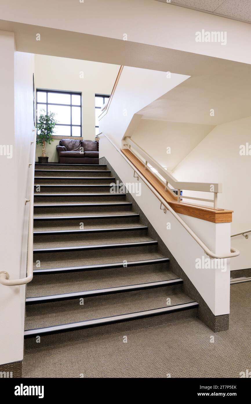 Anti slip floor treads and safety railings on the steps of a high