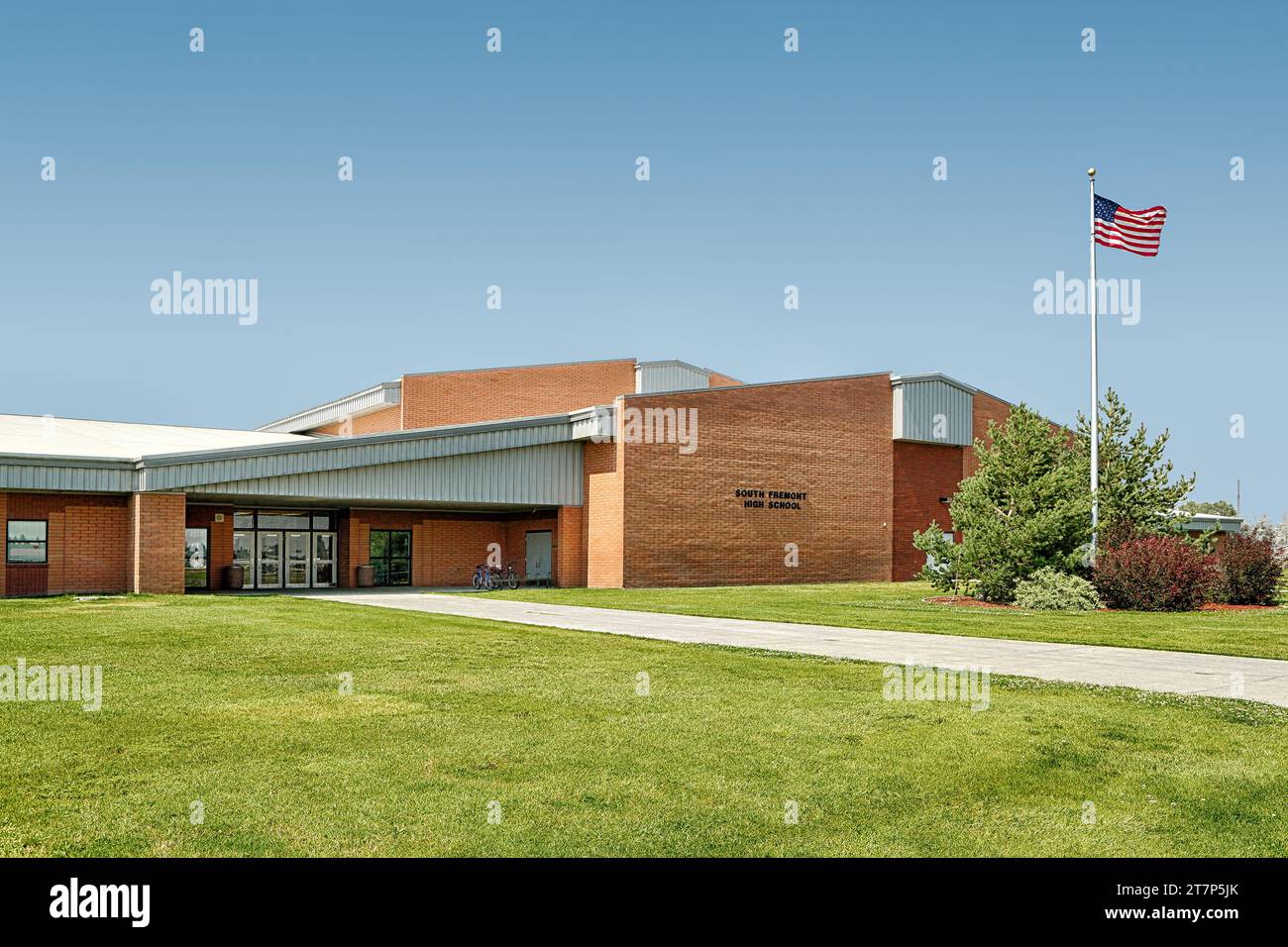 Exterior image of South Freemont High School, showing the brick construction, and energy efficient windows. Stock Photo
