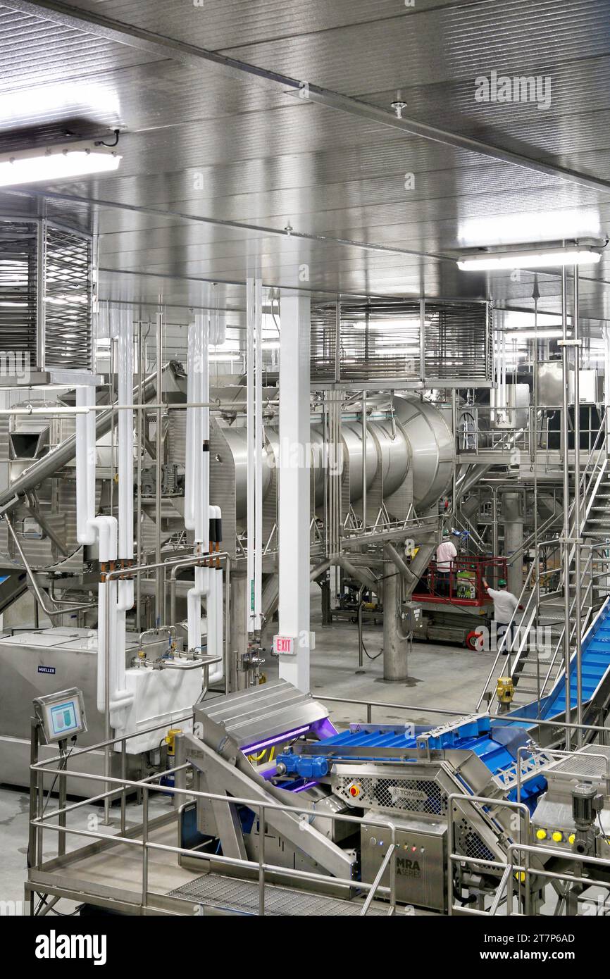 Stainless steel machinery, augers, kiln and conveyor belts used to dehydrate, and prepare food in a clean modern food processing facility. Stock Photo