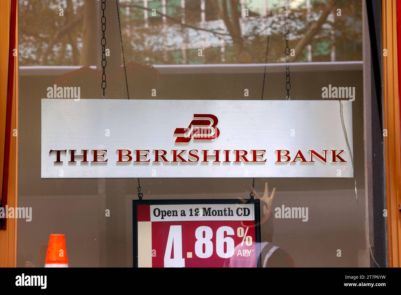 Window signage for the Berkshire Bank, a New England regional bank. Stock Photo