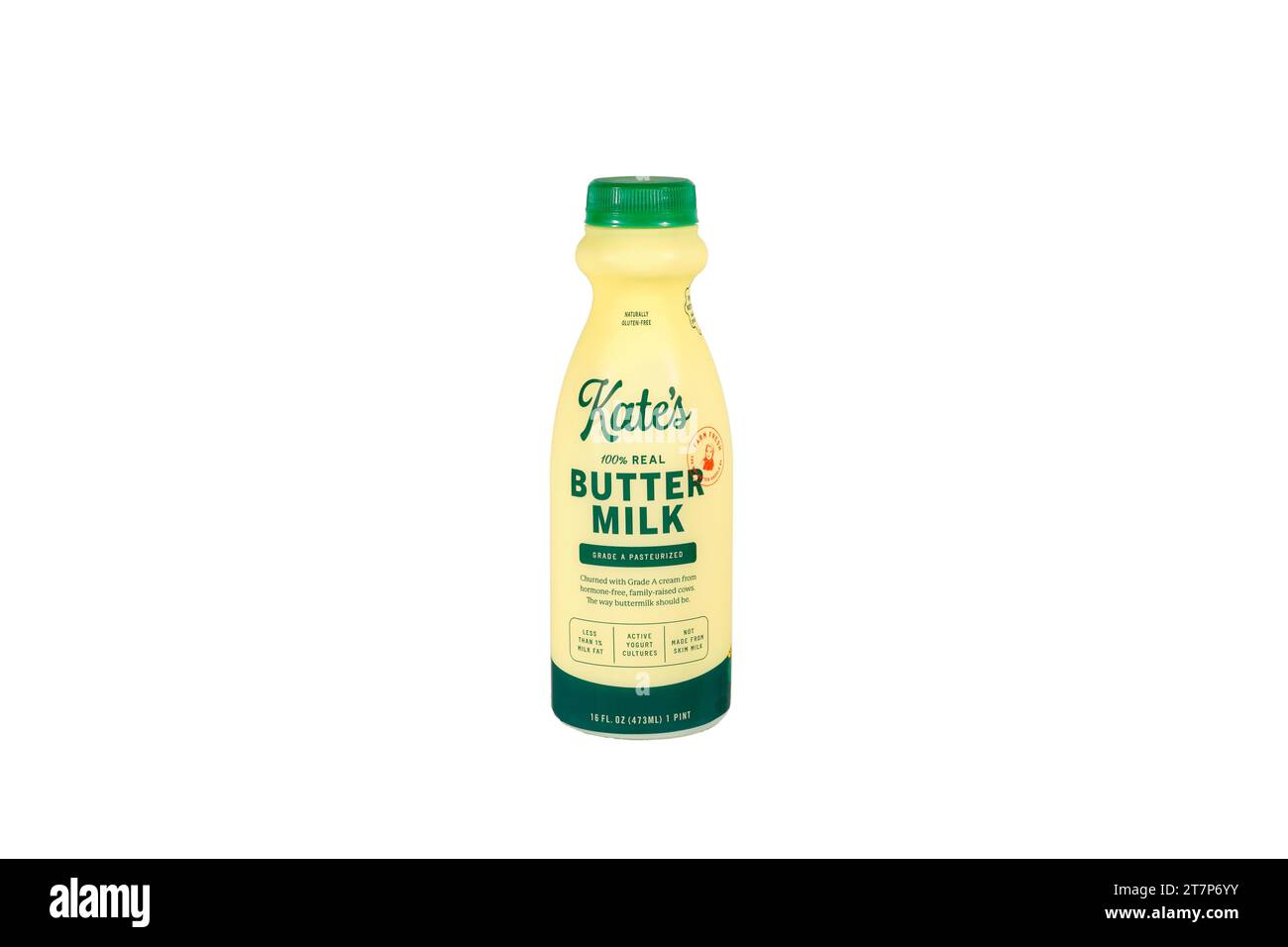A bottle of Kate's 100% Real Buttermilk isolated on a white background. cutout image for illustration and editorial use. Stock Photo
